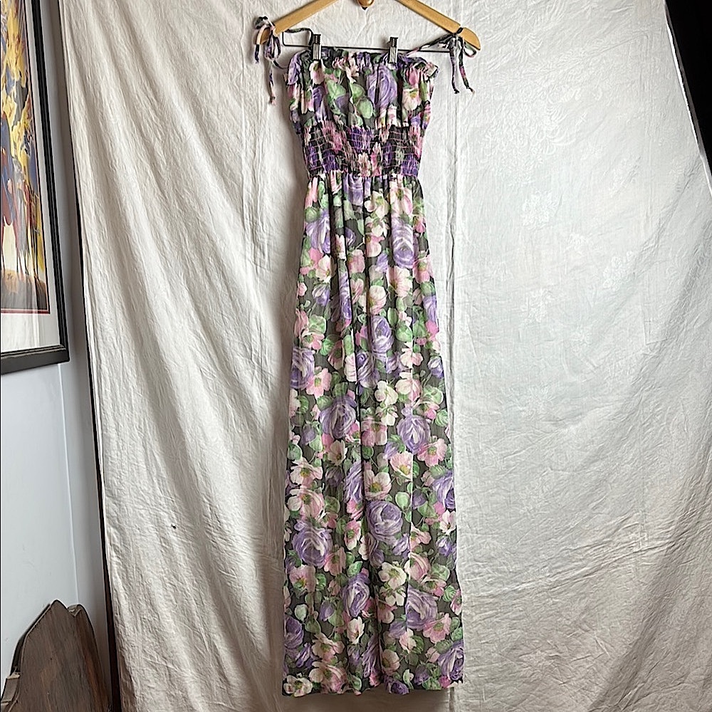 Vintage 80's Floral Purple Maxi Dress w/ Spaghetti Straps Sz 7/8